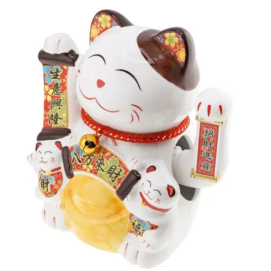 Pisica norocoasa Maneki Neko alba din ceramica pe perna cu doi pui si pepita - 18cm, imagine 3