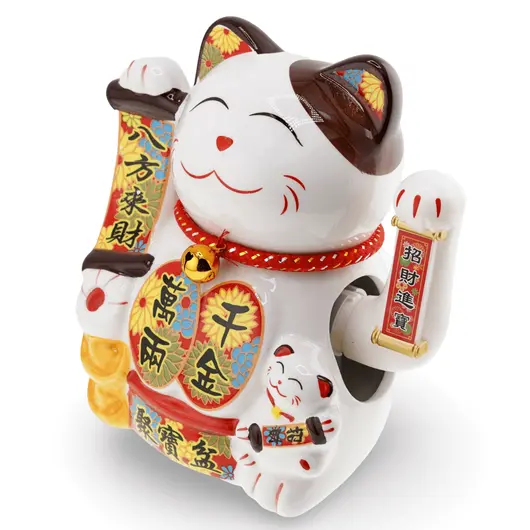 Pisica norocoasa Maneki Neko alba din ceramica pe perna cu un pui si pepita - 18cm, imagine 3