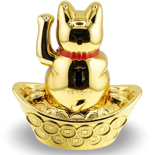 Pisica norocoasa Maneki Neko aurie, pe pepita cu monede solara - 13cm, imagine 2