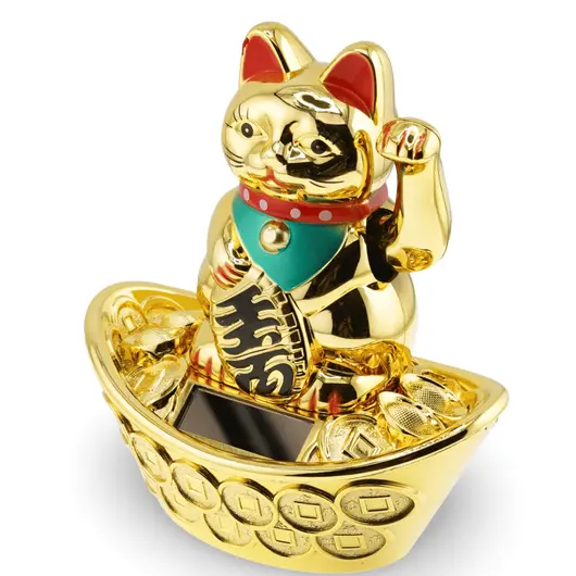 Pisica norocoasa Maneki Neko aurie, pe pepita cu monede solara - 13cm, imagine 3