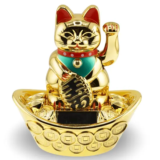 Pisica norocoasa Maneki Neko aurie, pe pepita cu monede solara - 13cm