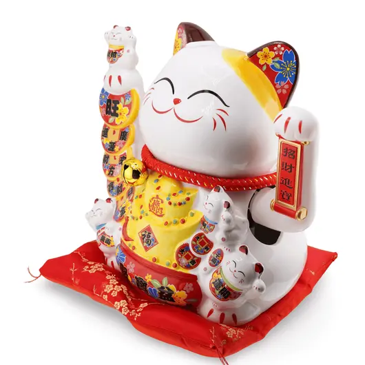 Pisica norocoasa Maneki Neko din ceramica pe perna cu puiuti - 27cm, imagine 3