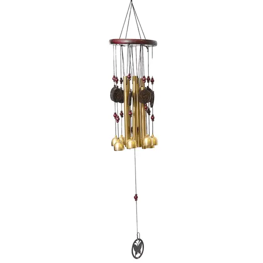 Clopotei de vant aurii, 8 ramuri si 5 tuburi cu simbolul OM si fluture, 75cm