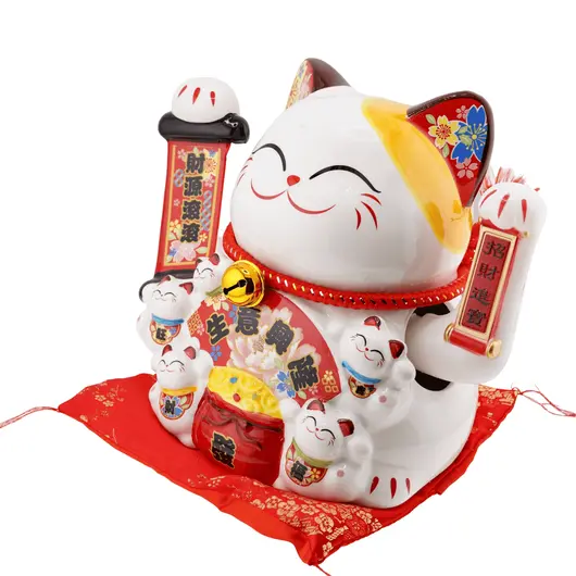 Pisica norocoasa Maneki Neko din ceramica pe perna cu cinci pui si bolul prosperitatii - 21cm, imagine 2