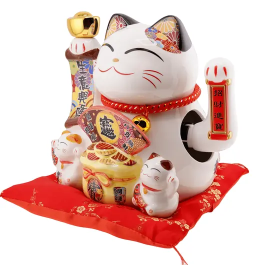 Pisica norocoasa Maneki Neko din ceramica pe perna cu doi pui si bolul prosperitatii - 19cm, imagine 2