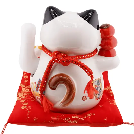 Pisica norocoasa Maneki Neko din ceramica pe perna cu doi pui si felinare chinezesti - 19cm, imagine 3