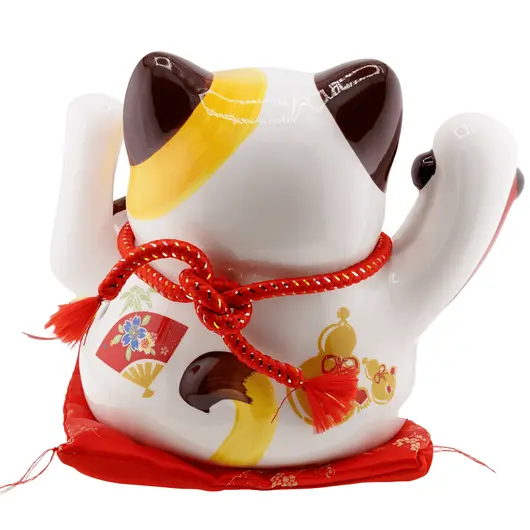 Pisica norocoasa Maneki Neko din ceramica pe perna cu patru pui si barca cu pepite - 21cm, imagine 3