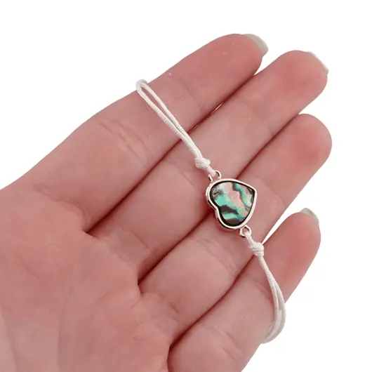 Bratara reglabila cu snur alb si scoica abalone in montura inima, 11mm, imagine 3