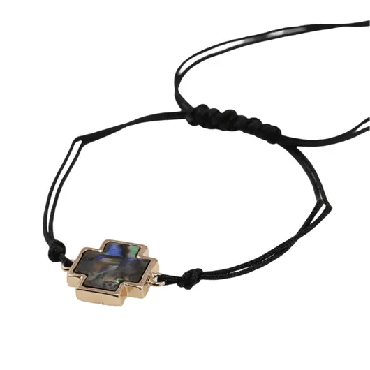 Bratara reglabila cu snur negru si scoica abalone in montura cruce, 13mm, imagine 2