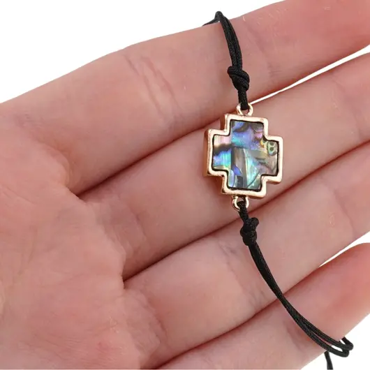 Bratara reglabila cu snur negru si scoica abalone in montura cruce, 13mm, imagine 3