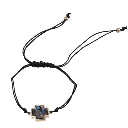 Bratara reglabila cu snur negru si scoica abalone in montura cruce, 13mm