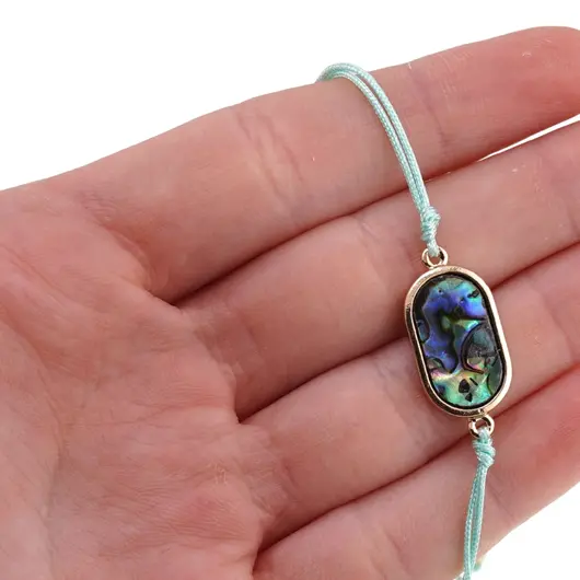 Bratara reglabila cu snur turcoaz si scoica abalone in montura ovala, 17mm, imagine 3