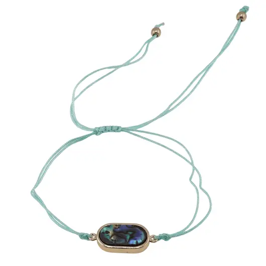 Bratara reglabila cu snur turcoaz si scoica abalone in montura ovala, 17mm
