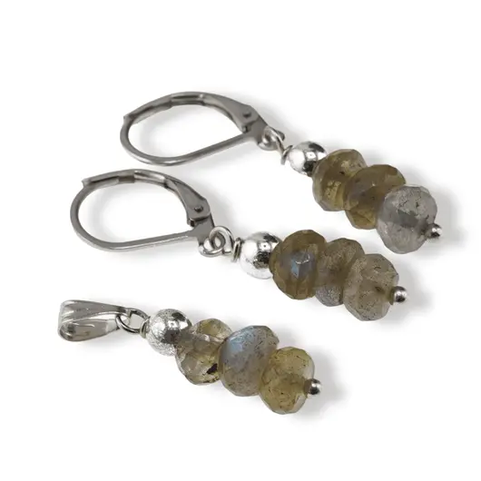 Set cercei cu agatatoare si pandantiv Labradorit discuri fatetate, 5-6mm
