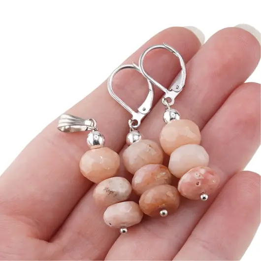 Set cercei cu agatatoare si pandantiv Opal roz discuri fatetate, 9-10mm, imagine 4