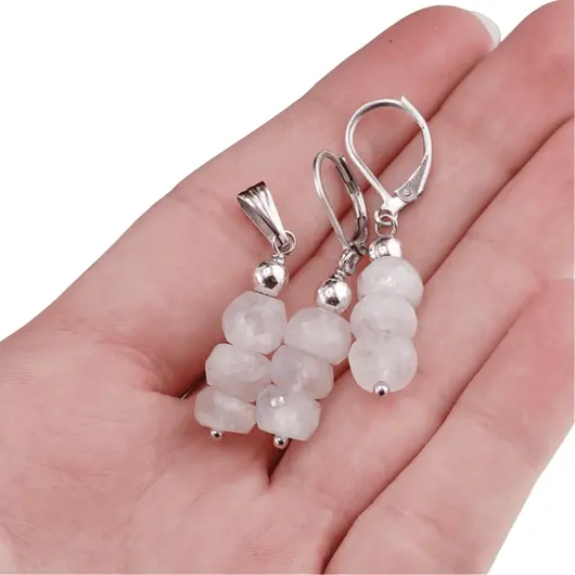 Set cercei cu agatatoare si pandantiv Piatra Lunii alba discuri fatetate, 7-8mm, imagine 4