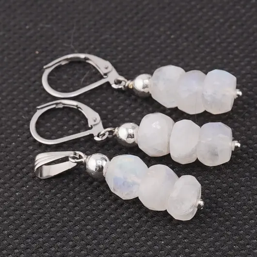 Set cercei cu agatatoare si pandantiv Piatra Lunii alba discuri fatetate, 7-8mm
