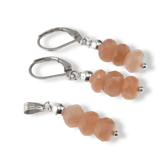 Set cercei cu agatatoare si pandantiv Piatra Lunii piersica discuri fatetate, 7mm