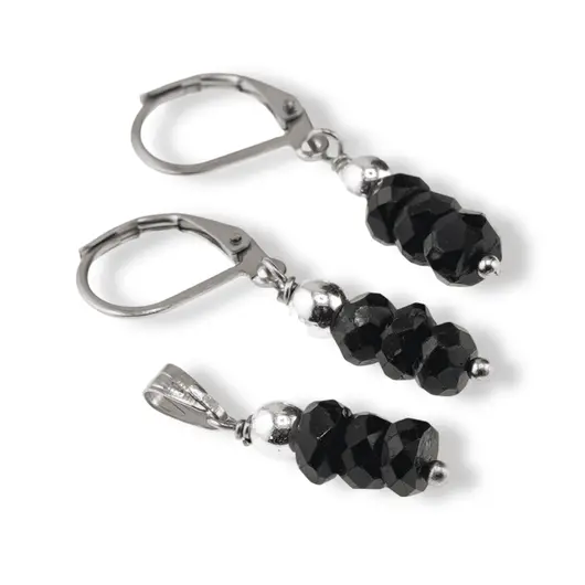 Set cercei cu agatatoare si pandantiv Turmalina neagra discuri fatetate, 5mm