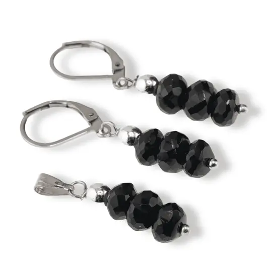 Set cercei cu agatatoare si pandantiv Turmalina neagra discuri fatetate, 6mm