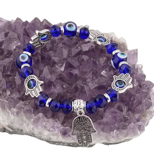 Bratara Feng Shui pe elastic sfere fatetate cu Ochi protector si Hamsa, imagine 3