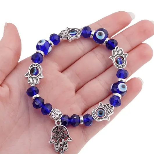 Bratara Feng Shui pe elastic sfere fatetate cu Ochi protector si Hamsa, imagine 4