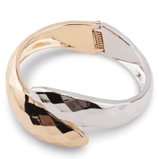 Bratara lata din metal auriu si gri, model petale texturate, imagine 2
