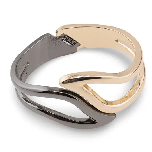 Bratara lata din metal auriu si negru, model perforat, imagine 2