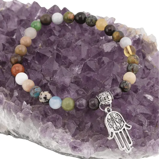 Bratara pe elastic Mix Cristale pentru protectie sfere cu element argintiu Hamsa, 6mm, imagine 3