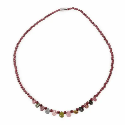 Colier Granat sfere si Turmalina multicolora briolete, 3-7mm