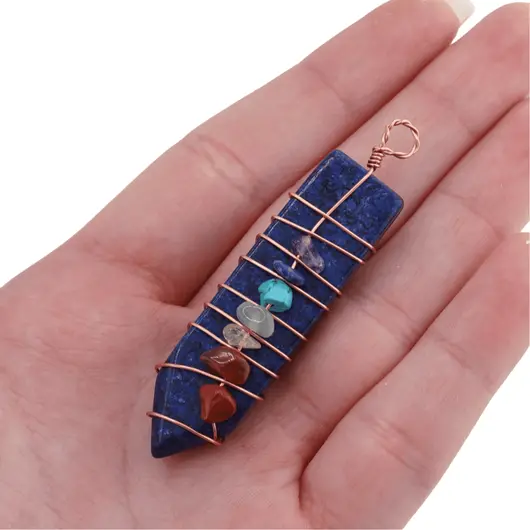 Pandantiv Lapis Lazuli cu montura din sarma si cristalele celor 7 chakre, 48mm, imagine 4
