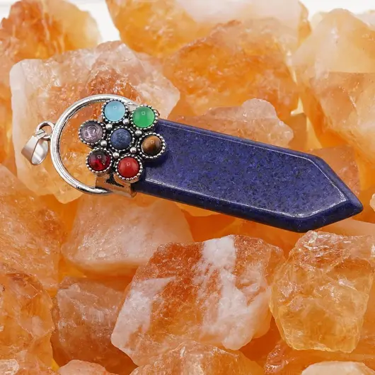 Pandantiv Lapis Lazuli sabie cu 7 chakre floare, 65mm, imagine 3