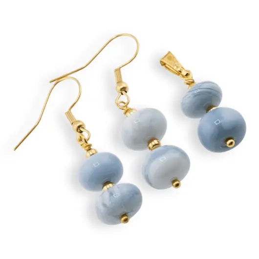 Set Cercei si Pandantiv Opal albastru discuri cu bumbi aurii, 10mm