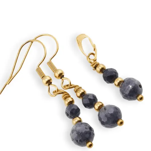 Set Cercei si Pandantiv Safir sfere fatetate cu bumbi aurii, 4-6mm