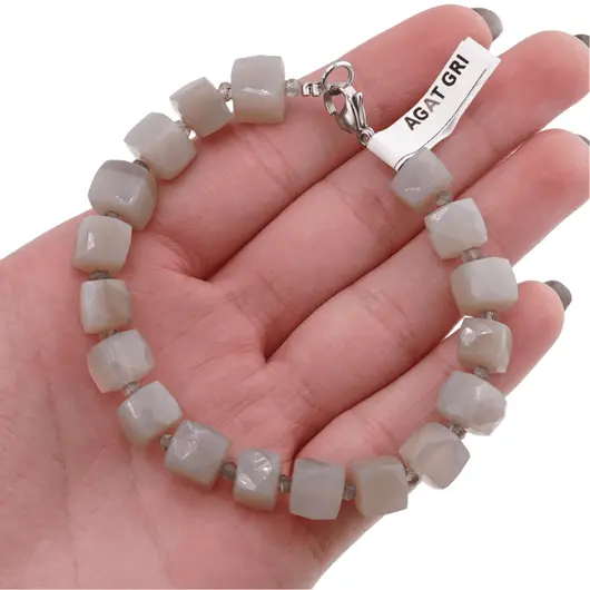 Bratara Agat gri cuburi fatetate 7-8mm si Labradorit discuri fatetate 2mm, imagine 4