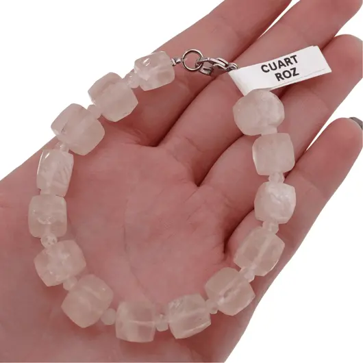 Bratara din cristale naturale Cuart roz cuburi fatetate 8mm si discuri 3mm, imagine 6