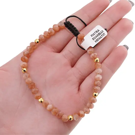 Bratara pe nod culisant Hematit auriu sfere fatetate si Piatra Soarelui discuri fatetate, 4-6mm, imagine 4