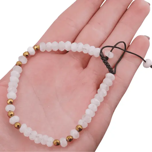 Bratara pe nod culisant Piatra Lunii discuri fatetate 6mm cu noua sfere fatetate Hematit auriu 4mm, imagine 4