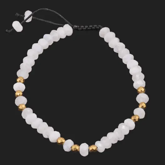 Bratara pe nod culisant Piatra Lunii discuri fatetate 6mm cu noua sfere fatetate Hematit auriu 4mm