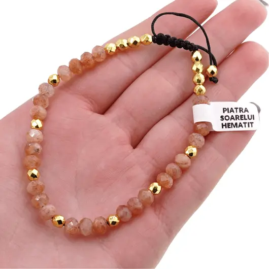 Bratara pe nod culisant Piatra Soarelui discuri fatetate si Hematit auriu sfere fatetate, 4-6mm, imagine 4
