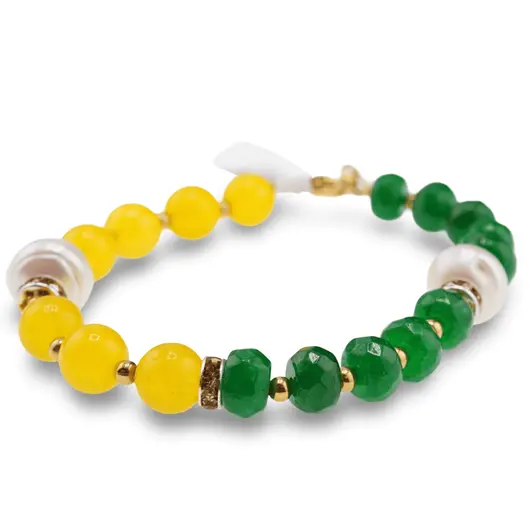 Bratara Agat galben sfere si verde discuri fatetate cu Perle de cultura cu bumbi din inox, 8-10mm, imagine 3