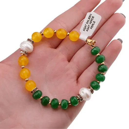 Bratara Agat galben sfere si verde discuri fatetate cu Perle de cultura cu bumbi din inox, 8-10mm, imagine 4