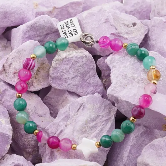 Bratara Agat roz, Agat verde, Citrin sfere 6mm cu stea din Sidef si bumbi aurii, imagine 3