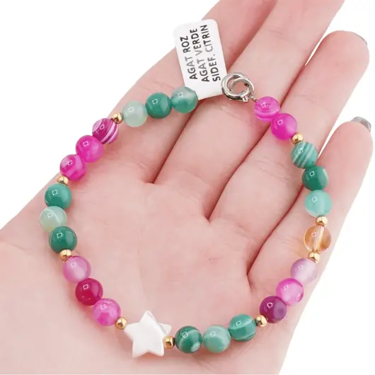 Bratara Agat roz, Agat verde, Citrin sfere 6mm cu stea din Sidef si bumbi aurii, imagine 4
