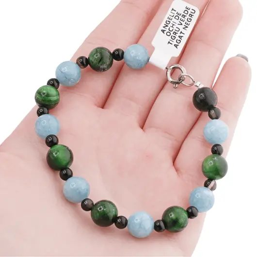 Bratara Angelit, Ochi de tigru verde sfere 8mm si Agat negru sfere 4mm, imagine 4