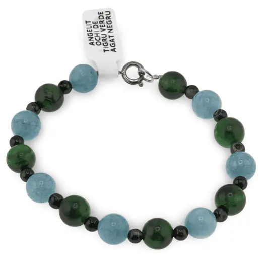 Bratara Angelit, Ochi de tigru verde sfere 8mm si Agat negru sfere 4mm