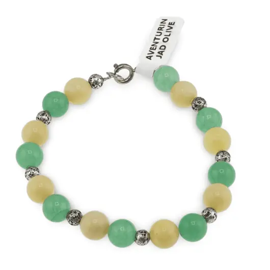 Bratara Aventurin, Jad olive sfere 8mm si Roca vulcanica argintie sfere 5mm