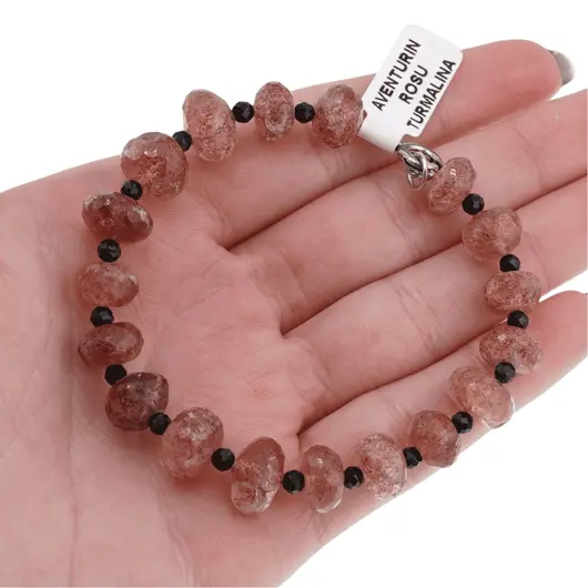 Bratara Aventurin rosu discuri fatetate 10mm si Turmalina neagra sfere fatetate 3mm, imagine 4