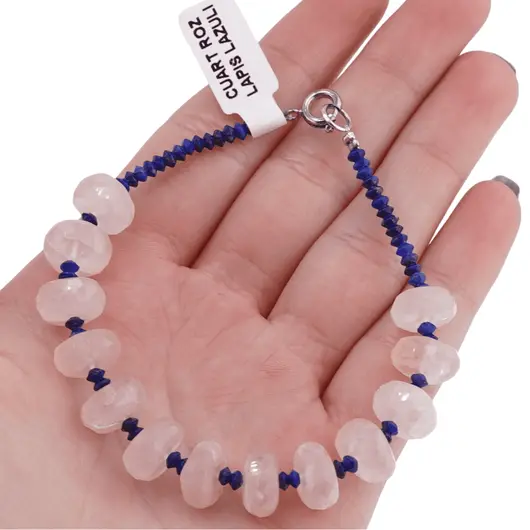 Bratara Cuart roz discuri fatetate 10mm si Lapis Lazuli discuri 3mm, imagine 4