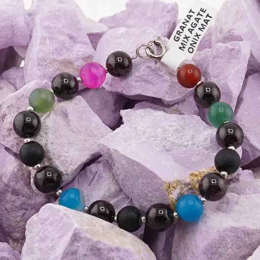 Bratara Mix agate, Onix mat si Granat sfere 8mm cu bumbi argintii, imagine 3